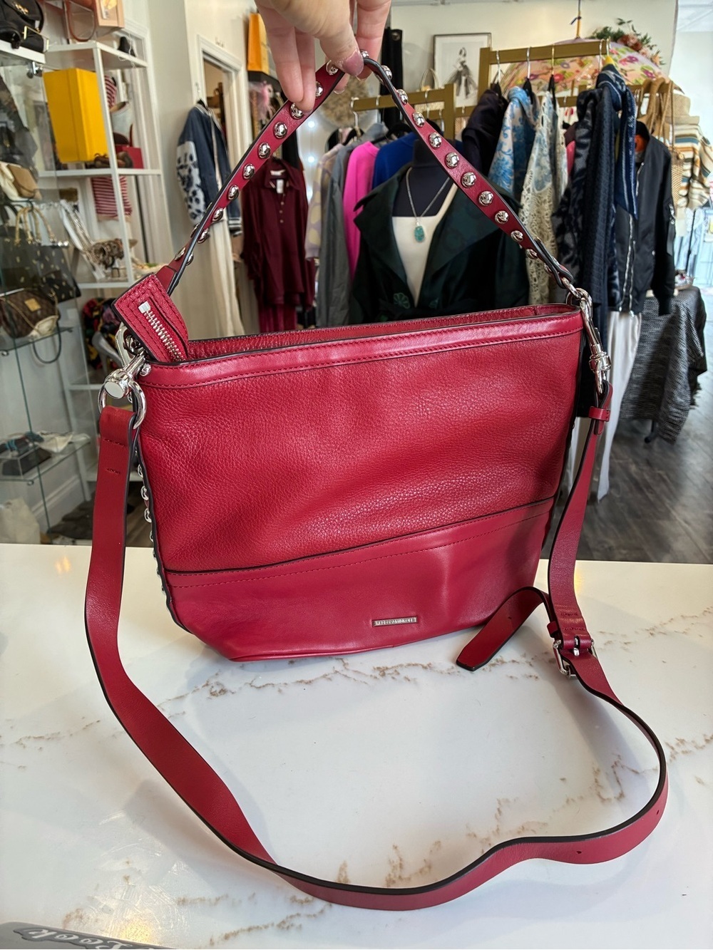 Rebecca Minkoff Stud-Detail Leather Shoulder Bag in red